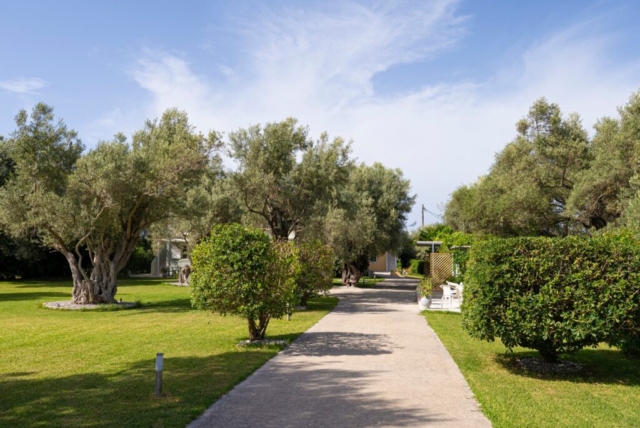 Entrata con vista sul grande giardino curato di Niki Apts ad Agios Ioannis Lefkada